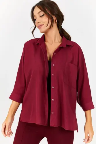 Kadın Bordo Cepli Salaş Keten Gömlek ARM-21Y001035-Bordo - 1