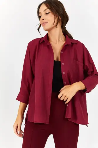 Kadın Bordo Cepli Salaş Keten Gömlek ARM-21Y001035-Bordo - 3