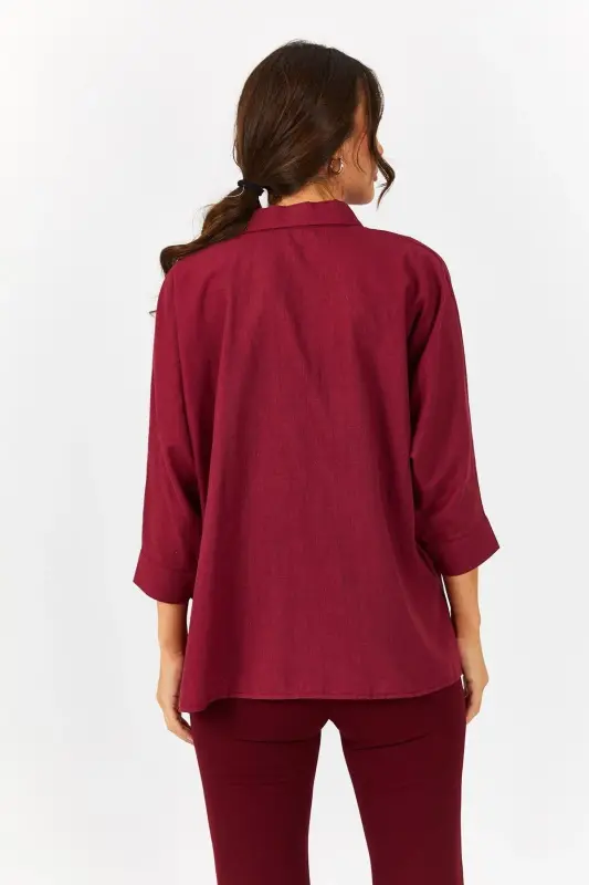 Kadın Bordo Cepli Salaş Keten Gömlek ARM-21Y001035-Bordo - 4