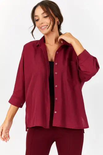 Kadın Bordo Cepli Salaş Keten Gömlek ARM-21Y001035-Bordo - ARMONIKA (1)