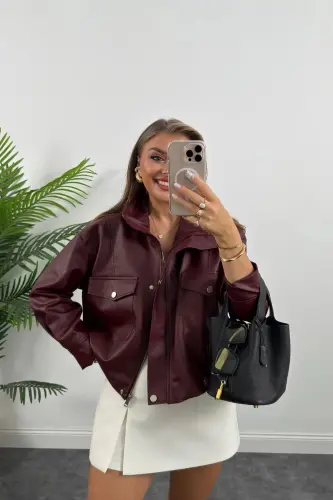 Kadın Bordo Çift Cep Yan Büzgülü Deri Ceket Bordo - Bordo 