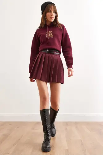 Kadın Bordo Çift Kemerli Pileli Mini Dokuma Etek ETK-19000288-Bordo - 1