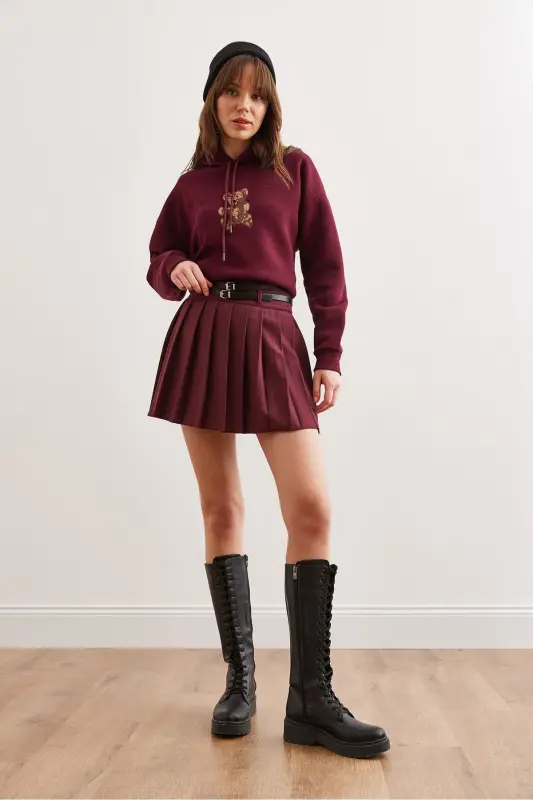 Kadın Bordo Çift Kemerli Pileli Mini Dokuma Etek ETK-19000288-Bordo - 2