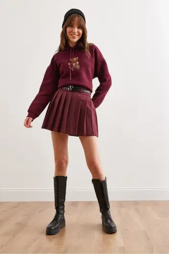 Kadın Bordo Çift Kemerli Pileli Mini Dokuma Etek ETK-19000288-Bordo - 3