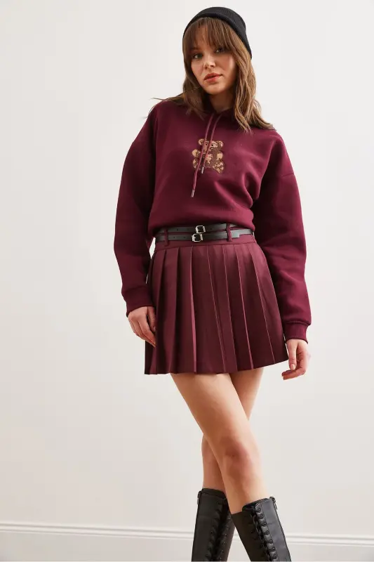 Kadın Bordo Çift Kemerli Pileli Mini Dokuma Etek ETK-19000288-Bordo - 4