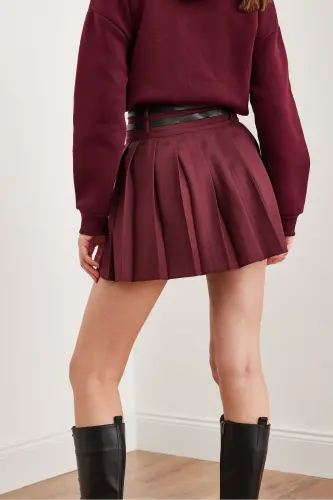 Kadın Bordo Çift Kemerli Pileli Mini Dokuma Etek ETK-19000288-Bordo - 6