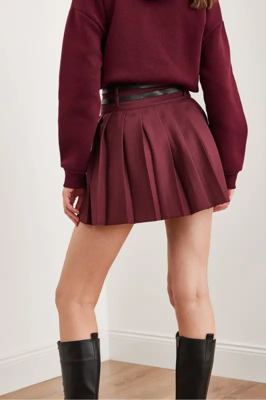 Kadın Bordo Çift Kemerli Pileli Mini Dokuma Etek ETK-19000288-Bordo - 6