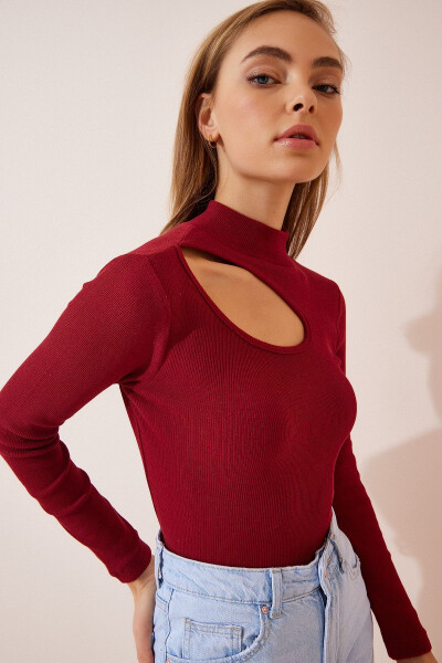 Kadın Bordo Cut Out Detaylı Fitilli Örme Bluz GT00065-Bordo - 2