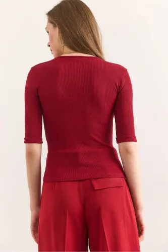 Kadın Bordo Derin V Yaka Duble Kol Esnek Pamuk Bluz BLZ-19002951 - Bordo - 2