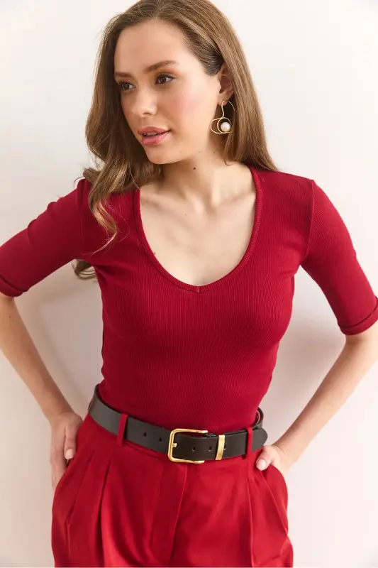 Kadın Bordo Derin V Yaka Duble Kol Esnek Pamuk Bluz BLZ-19002951 - Bordo - 4