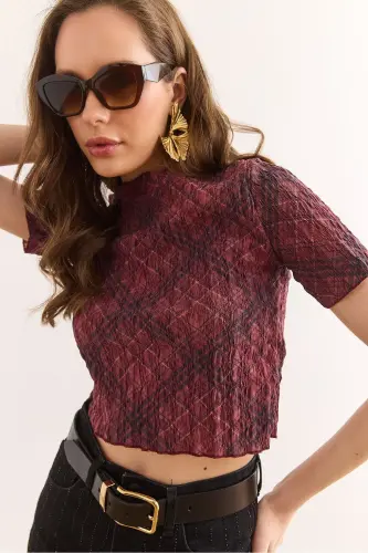 Kadın Bordo Dijital Baskılı Crop Bürümcük Bluz Blz-19002936 - Bordo 