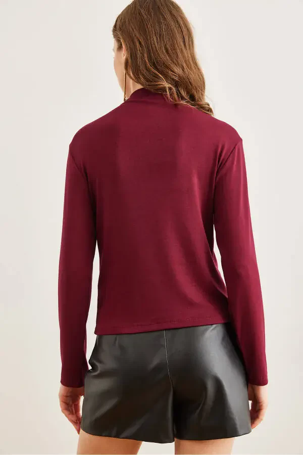Kadın Bordo Dik Yaka Dökümlü Soft Touch Bluz BLZ-19002758-Bordo - 2