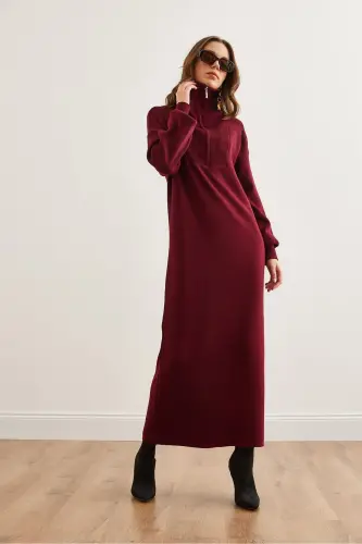 Kadın Bordo Dik Yaka Fermuarlı Maxi Triko ElbiseELB-19002310 - Bordo - 7