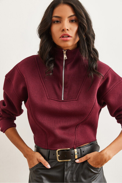Kadın Bordo Dik Yaka Fermuarlı Şardonlu Crop Kalın Sweatshirt SWT-19000696-Bordo 