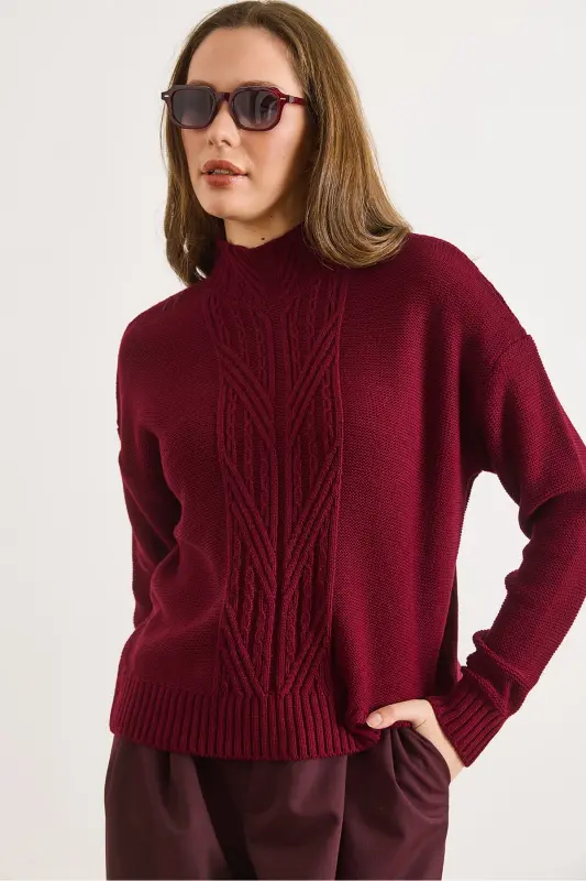 Kadın Bordo Dik Yaka Ortası Saç Örgülü Triko Kazak KZK-19000912-Bordo - OLALOOK