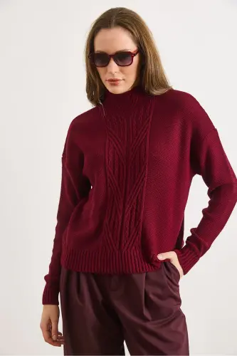 Kadın Bordo Dik Yaka Ortası Saç Örgülü Triko Kazak KZK-19000912-Bordo - 3