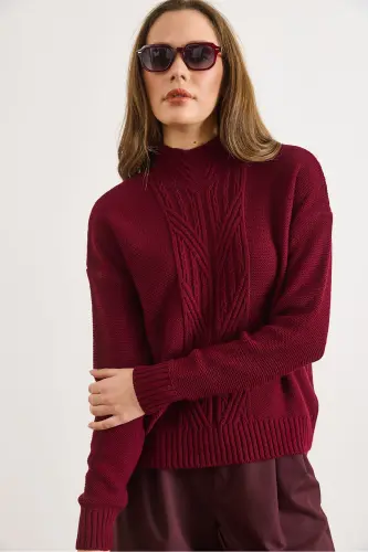 Kadın Bordo Dik Yaka Ortası Saç Örgülü Triko Kazak KZK-19000912-Bordo - 4