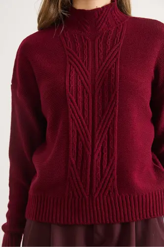 Kadın Bordo Dik Yaka Ortası Saç Örgülü Triko Kazak KZK-19000912-Bordo - 5