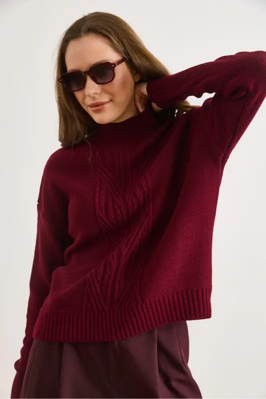 Kadın Bordo Dik Yaka Ortası Saç Örgülü Triko Kazak KZK-19000912-Bordo - 6