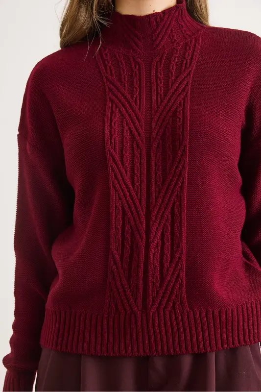 Kadın Bordo Dik Yaka Ortası Saç Örgülü Triko Kazak KZK-19000912 - Bordo - 5