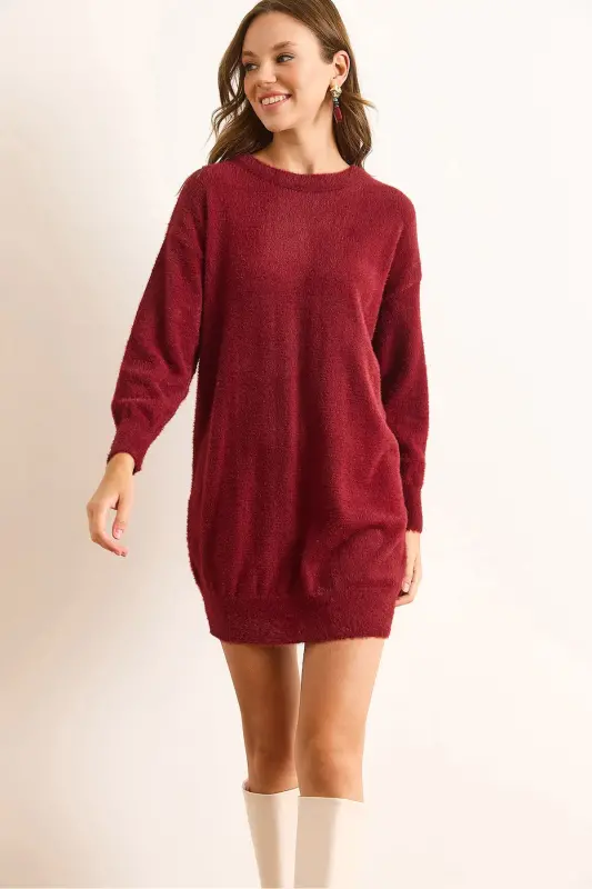 Kadın Bordo Dik Yaka Yumuşak Dokulu Sakal Triko Tunik Elbise ELB-19002325 - Bordo - 1