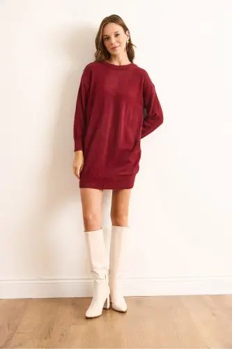 Kadın Bordo Dik Yaka Yumuşak Dokulu Sakal Triko Tunik Elbise ELB-19002325 - Bordo - 2