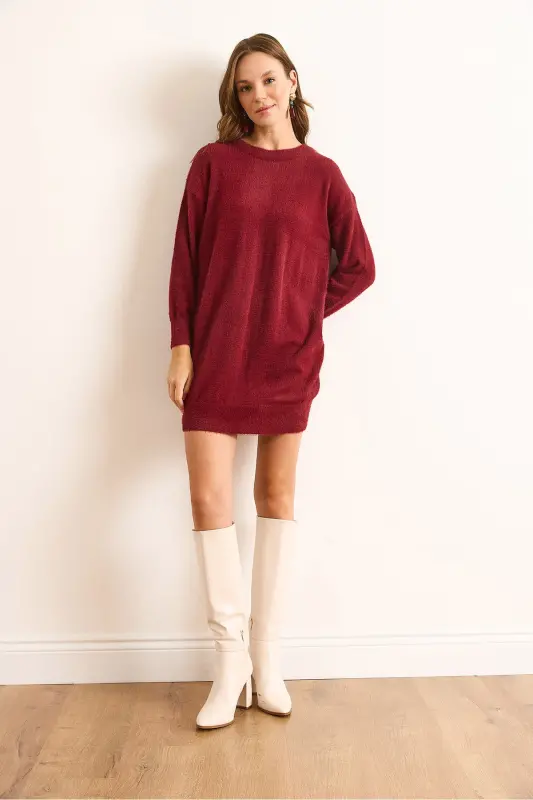 Kadın Bordo Dik Yaka Yumuşak Dokulu Sakal Triko Tunik Elbise ELB-19002325 - Bordo - 2