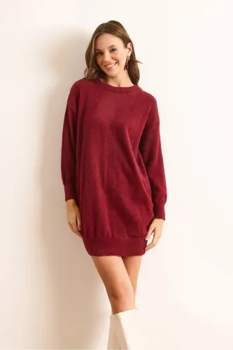 Kadın Bordo Dik Yaka Yumuşak Dokulu Sakal Triko Tunik Elbise ELB-19002325 - Bordo - 3