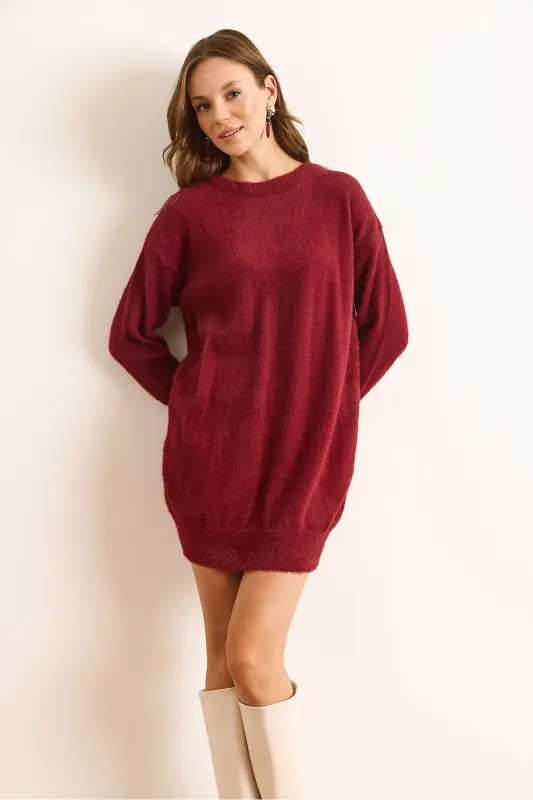 Kadın Bordo Dik Yaka Yumuşak Dokulu Sakal Triko Tunik Elbise ELB-19002325 - Bordo - 4