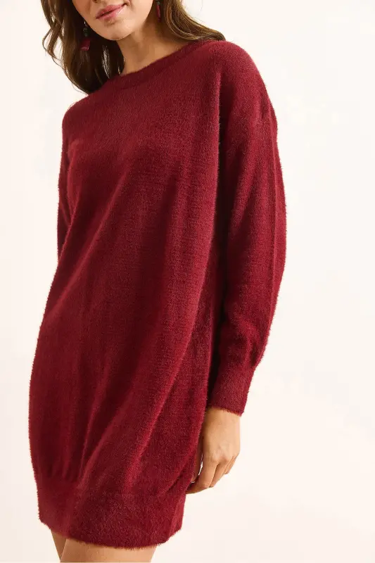 Kadın Bordo Dik Yaka Yumuşak Dokulu Sakal Triko Tunik Elbise ELB-19002325 - Bordo - 6