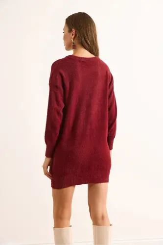 Kadın Bordo Dik Yaka Yumuşak Dokulu Sakal Triko Tunik Elbise ELB-19002325 - Bordo - 7