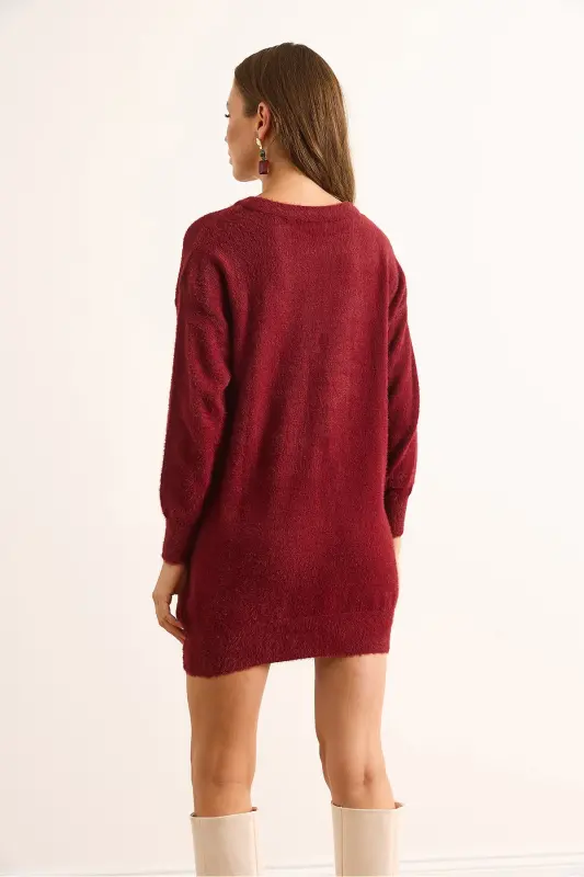 Kadın Bordo Dik Yaka Yumuşak Dokulu Sakal Triko Tunik Elbise ELB-19002325 - Bordo - 7
