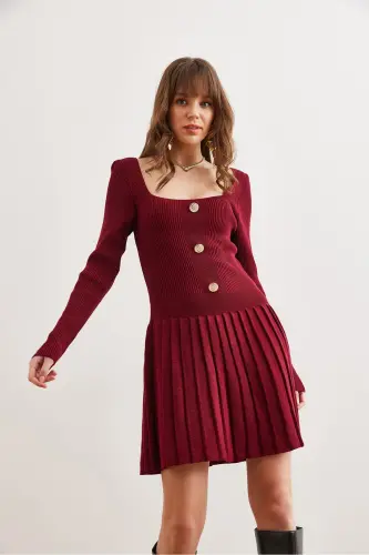 Kadın Bordo Düğme Detaylı Eteği Pileli Triko Elbise ELB-19002326-Bordo - 5