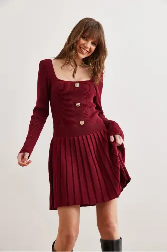 Kadın Bordo Düğme Detaylı Eteği Pileli Triko Elbise ELB-19002326-Bordo - 6