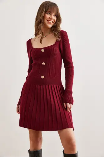 Kadın Bordo Düğme Detaylı Eteği Pileli Triko Elbise ELB-19002326-Bordo - 7