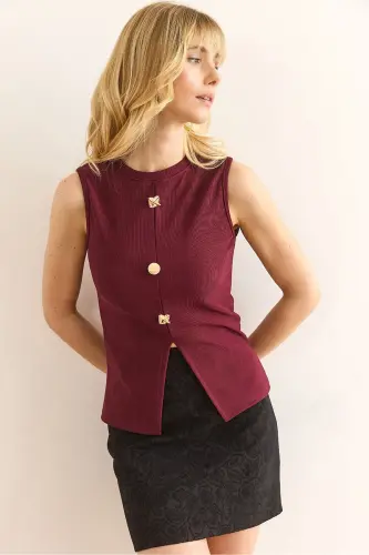Kadın Bordo Düğme Detaylı Fitilli Bluz BLZ-19002909 - Bordo 