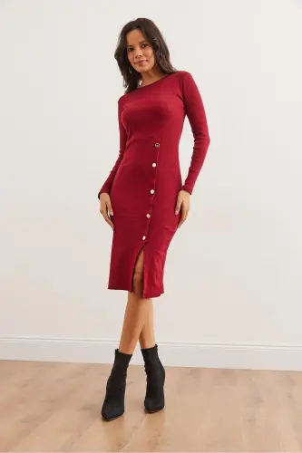 Kadın Bordo Düğme Detaylı Yırtmaçlı Midi Esnek Elbise ELB-19002256-Bordo - 2