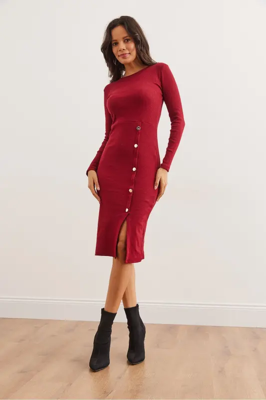 Kadın Bordo Düğme Detaylı Yırtmaçlı Midi Esnek Elbise ELB-19002256-Bordo - 2