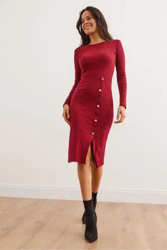 Kadın Bordo Düğme Detaylı Yırtmaçlı Midi Esnek Elbise ELB-19002256-Bordo - 3