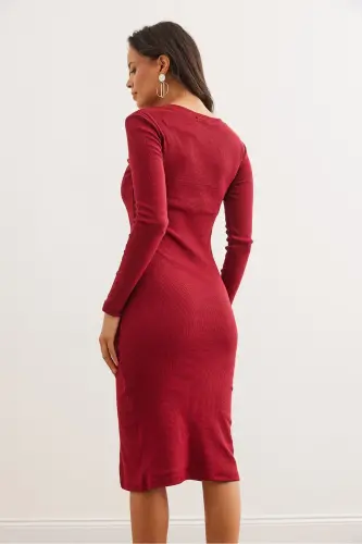 Kadın Bordo Düğme Detaylı Yırtmaçlı Midi Esnek Elbise ELB-19002256-Bordo - 7