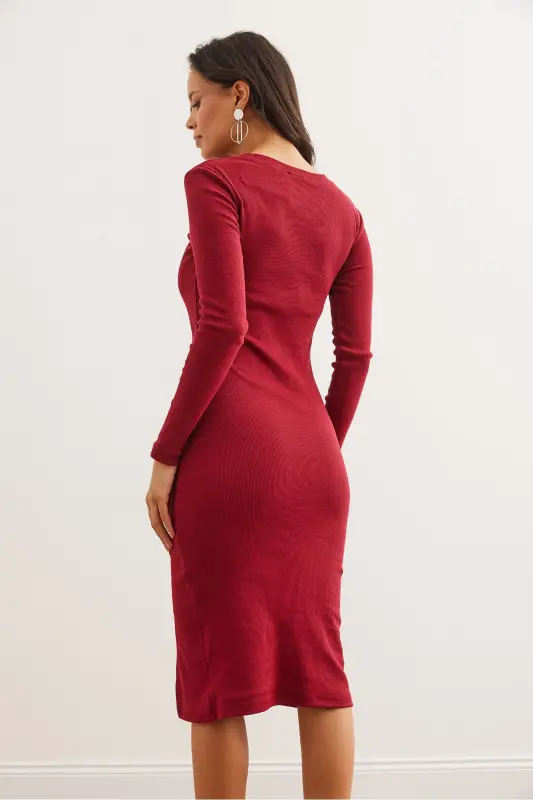 Kadın Bordo Düğme Detaylı Yırtmaçlı Midi Esnek Elbise ELB-19002256-Bordo - 7