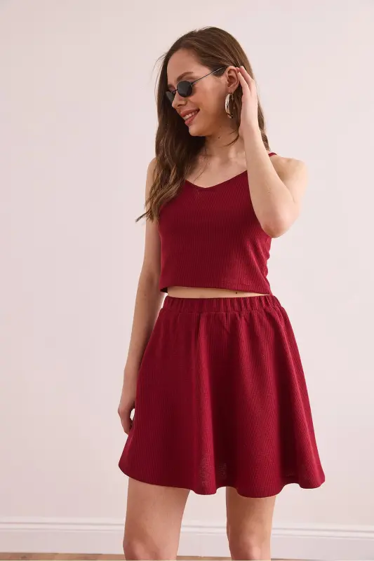 Kadın Bordo Etek Bluz Dokulu Takım TKM-19000373 - Bordo - 2