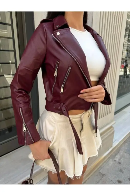Kadın Bordo Fermuar Ve Kemer Detay Deri Ceket - Bordo - MILA STILL