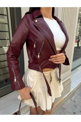 Kadın Bordo Fermuar Ve Kemer Detay Deri Ceket-Bordo - 1