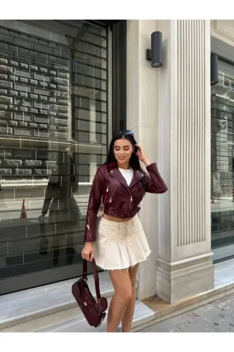 Kadın Bordo Fermuar Ve Kemer Detay Deri Ceket-Bordo - 2