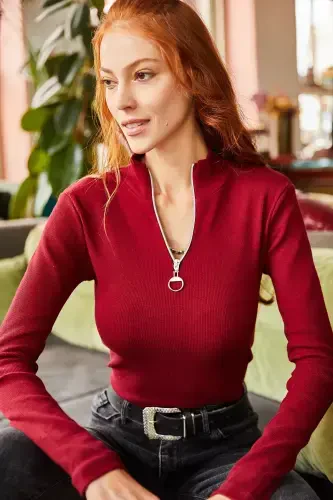Kadın Bordo Fermuarlı Balıkçı Yaka Likralı Bluz BLZ-19001155-Bordo - OLALOOK (1)