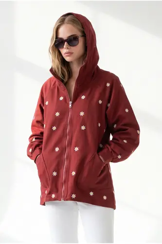 Kadın Bordo Fermuarlı Cepli Kapüşonlu Nakış Detaylı Denim Ceket CKT-19000380 - Bordo - OLALOOK (1)