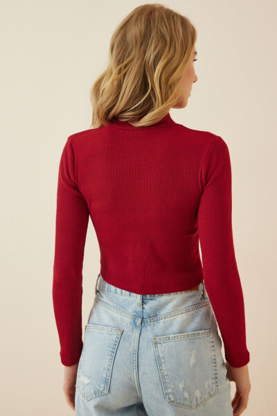 Kadın Bordo Fitilli Balıkçı Yaka Crop Örme Bluz GT00059-Bordo - 3