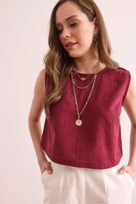 Kadın Bordo Flam Keten Crop Bluz BLZ-19002925-Bordo - 2