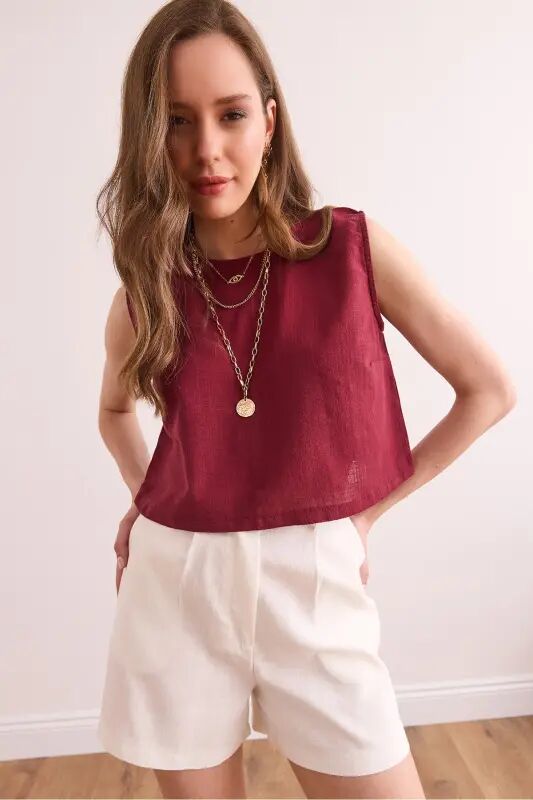Kadın Bordo Flam Keten Crop Bluz BLZ-19002925 - Bordo - Olalook